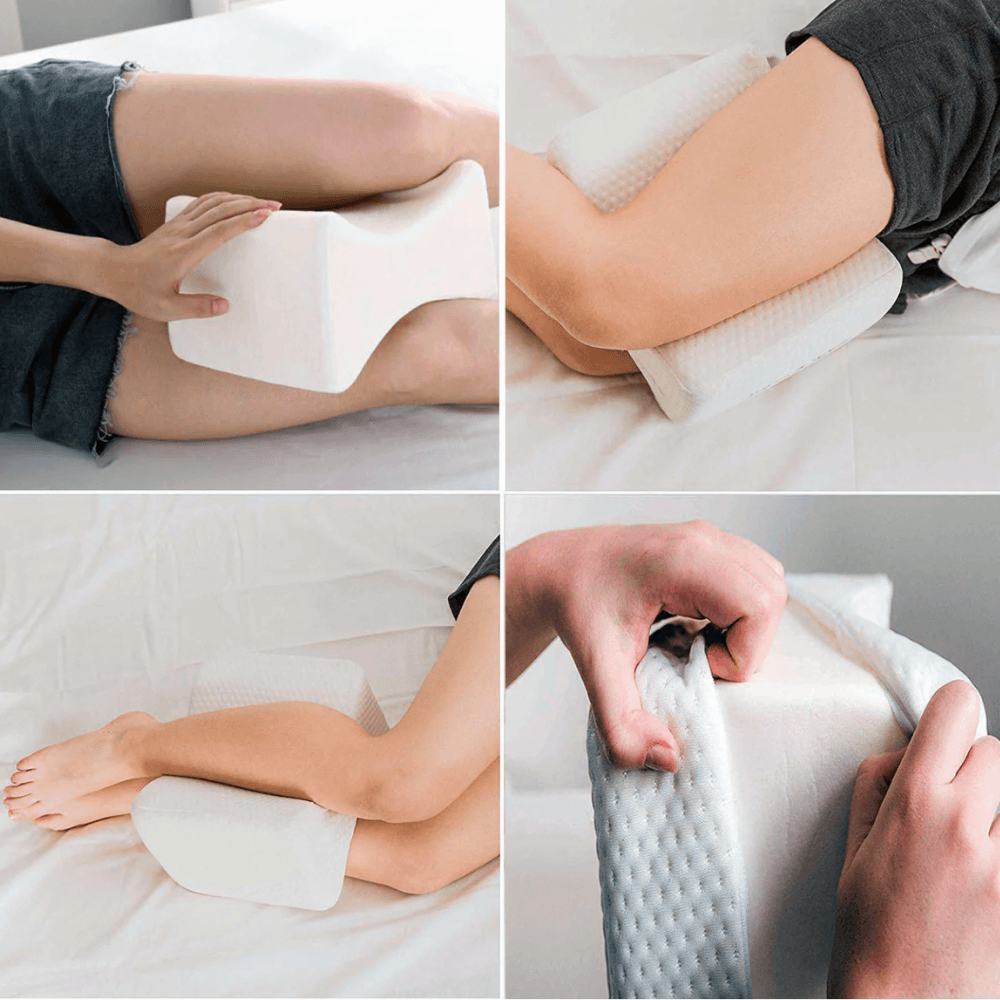 Four images show a leg with a foam knee pillow.