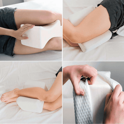 Four images show a leg with a foam knee pillow.