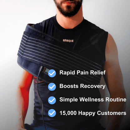 Person wearing a black shoulder wrap with text highlighting benefits on a gray background