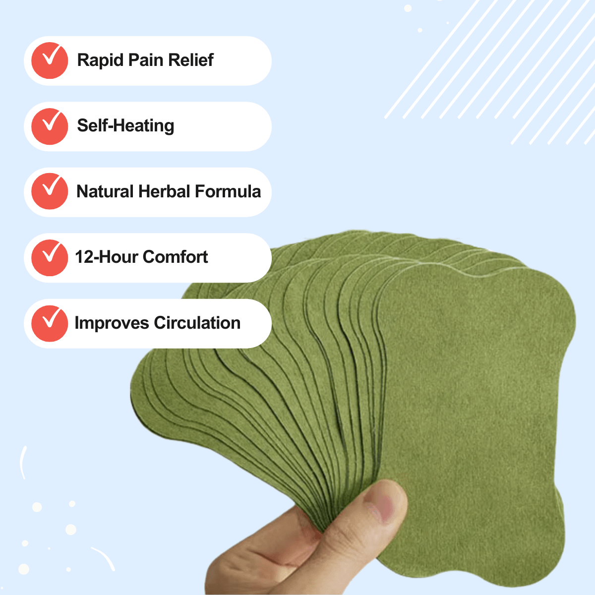 Hand holding a stack of green, leaf-shaped patches.
