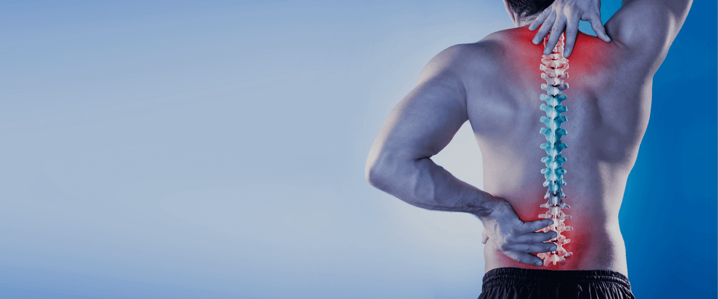 Man with back pain highlighting spine.