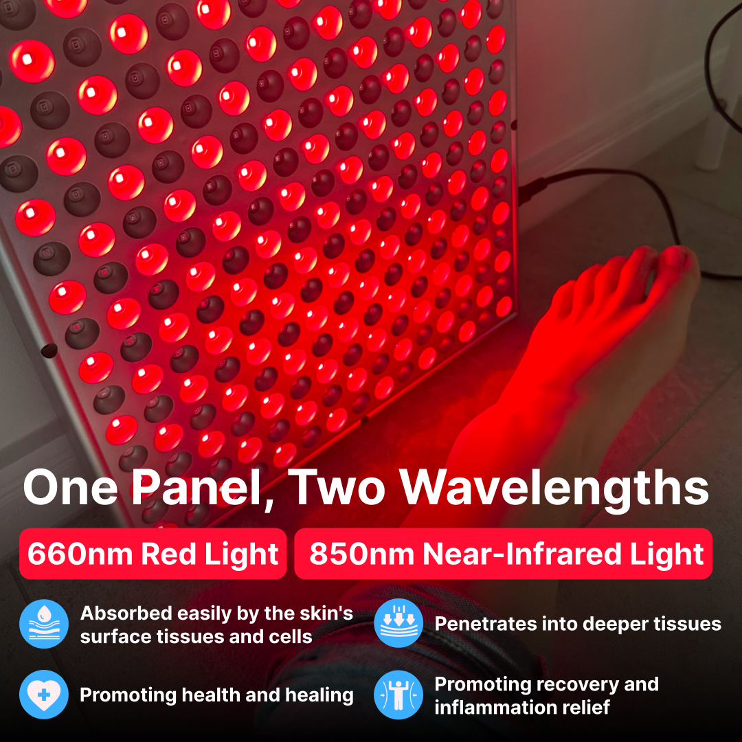 Red light therapy panel on a foot, 04.06.2025 SQ 2 V 1