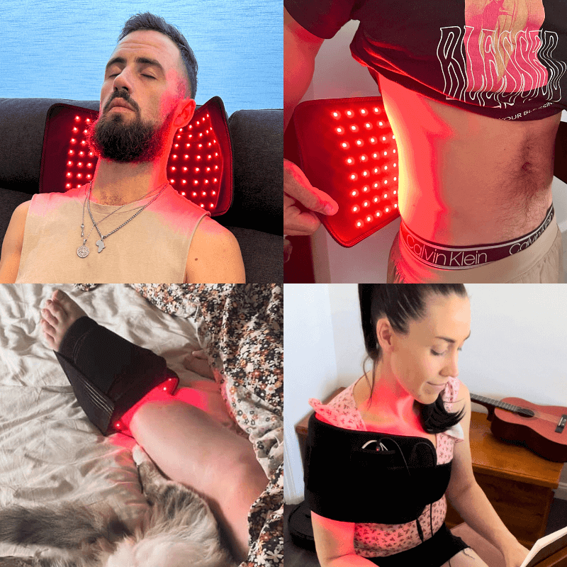Red light therapy device in use on various body parts
