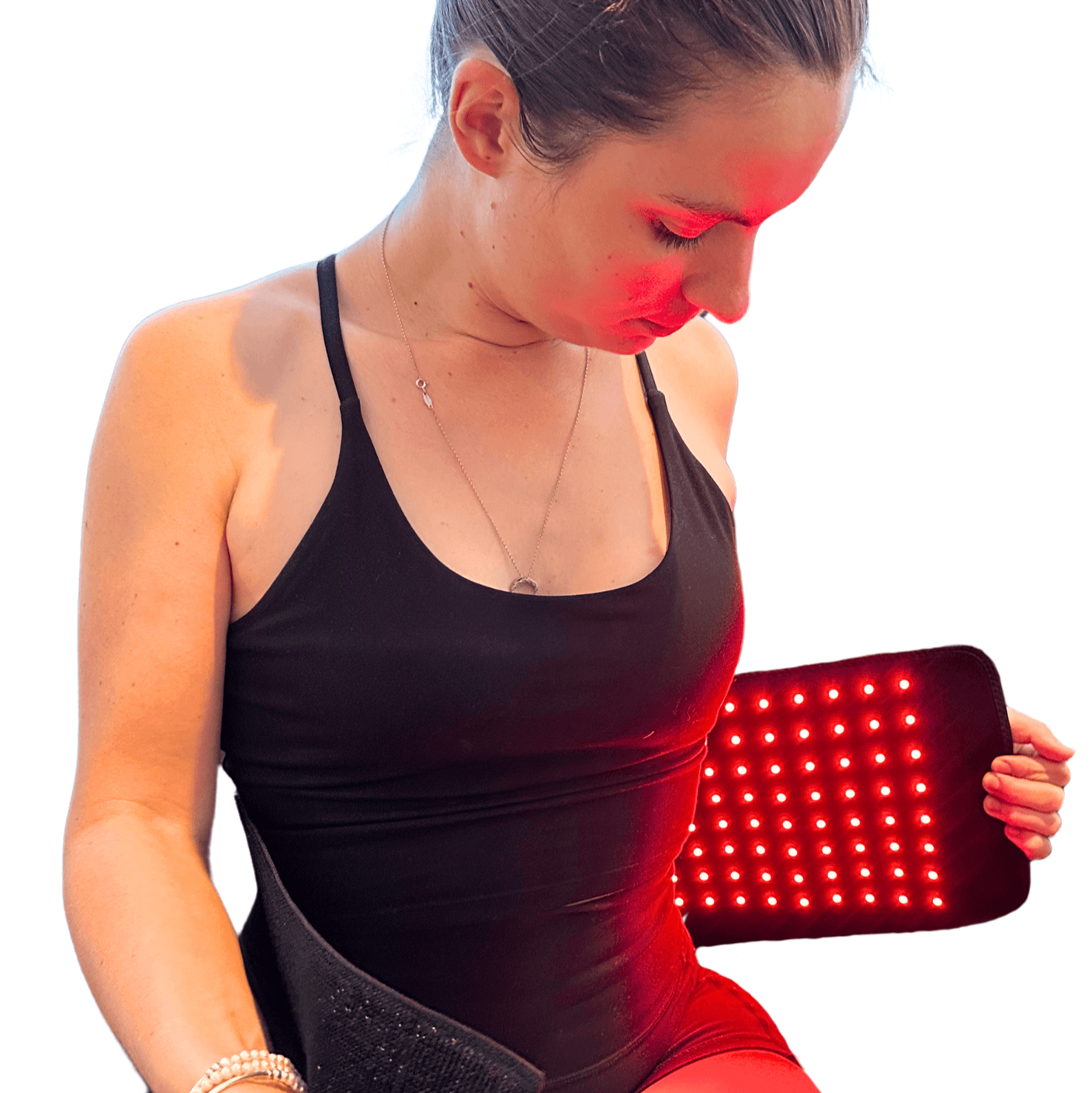 Woman using red light therapy belt (Untitled Poster)